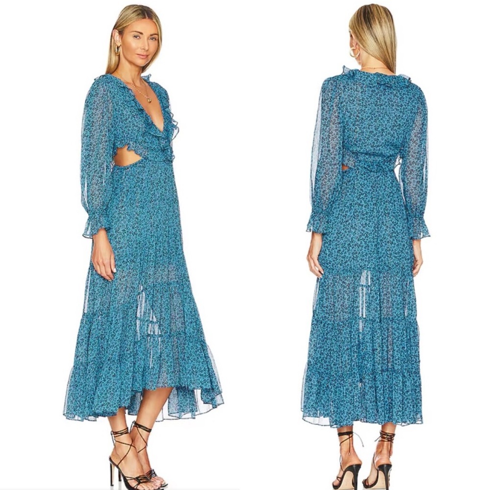 MISA Los Angeles‎ Amelia Maxi Dress Cut-Out Ruffled Cerulean Ditzy Small